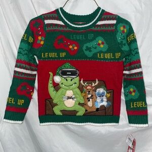 Kids Christmas Dinosaur Gaming Themed Sweater - Green and Red xs 4/5